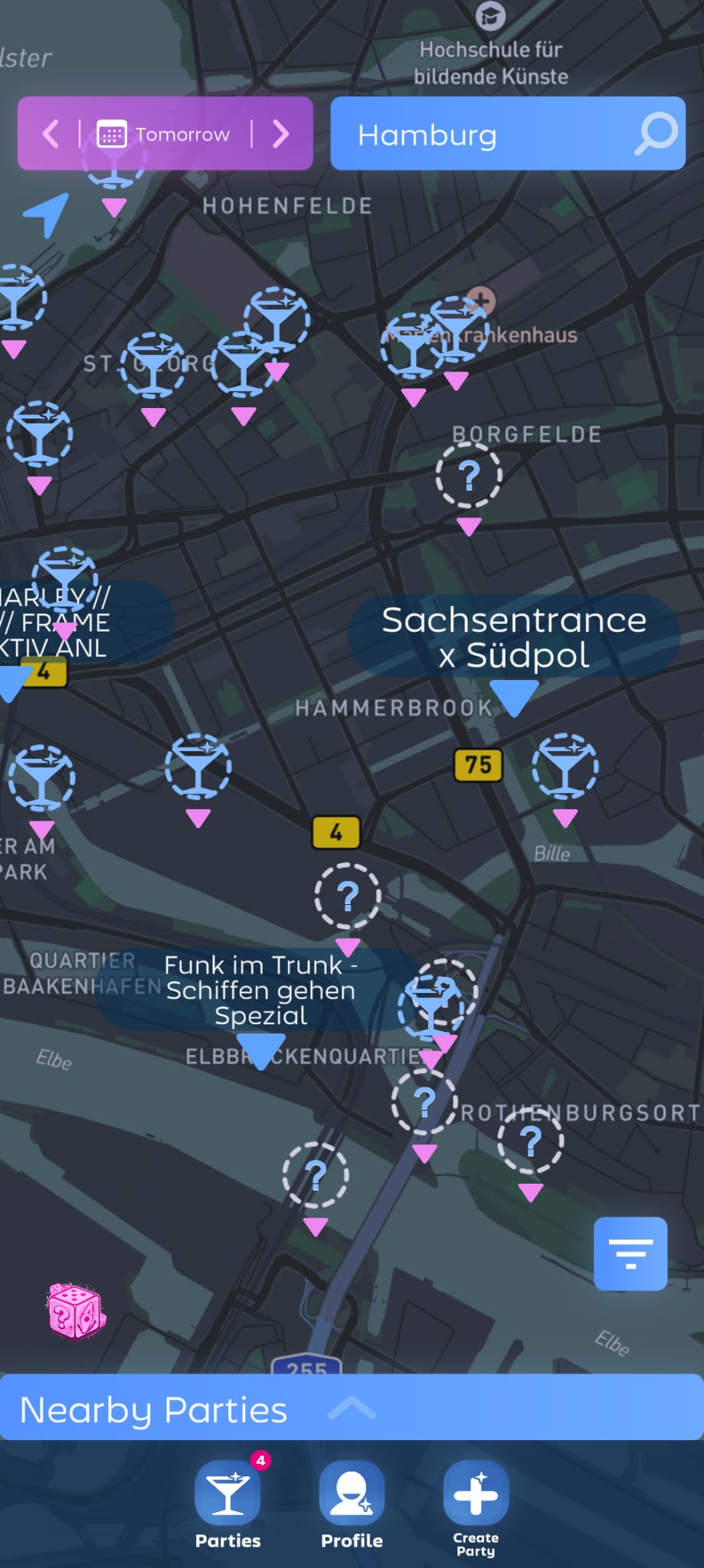 Party Compass live map of Hamburg nightlife with real-time Live Pins across St. Pauli