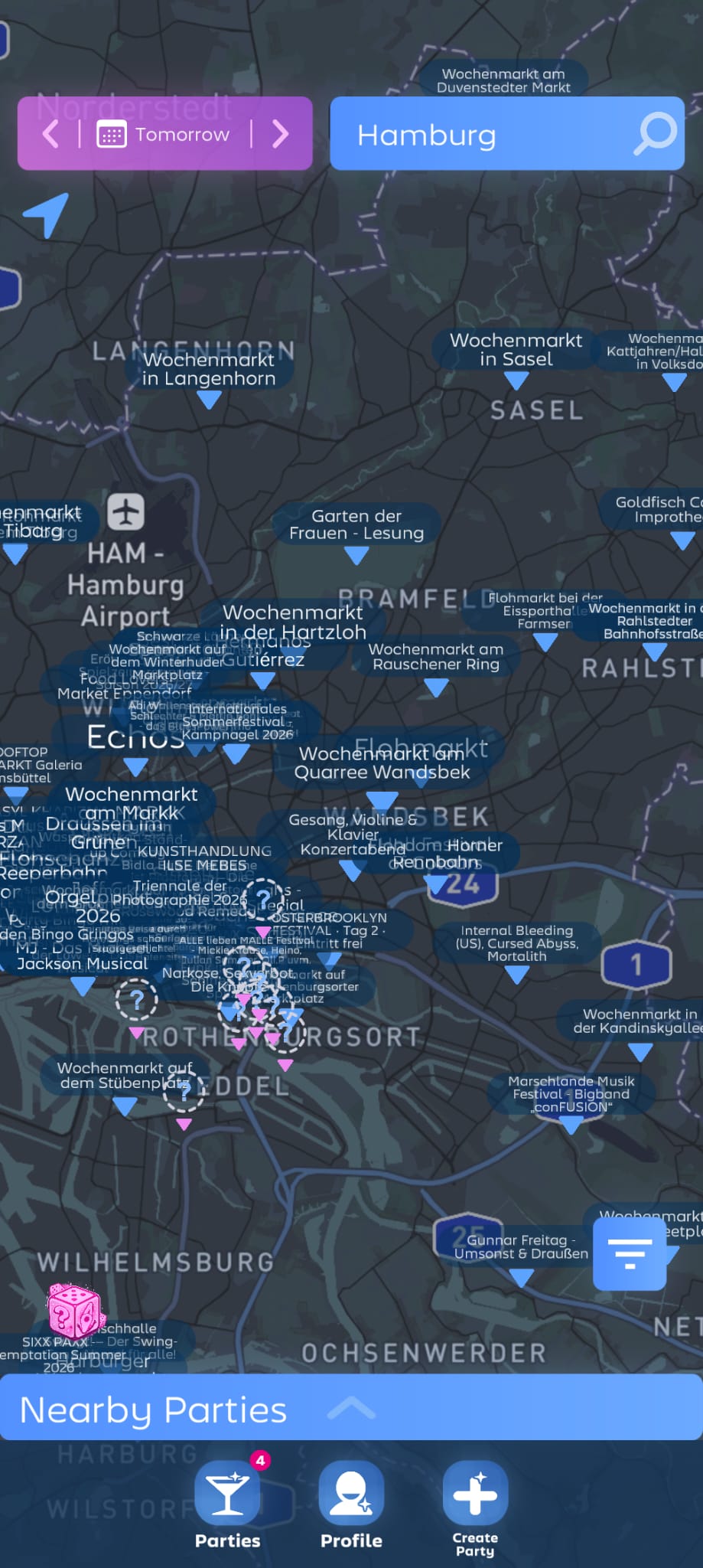 The live map showing tonight's Hamburg parties and venue events